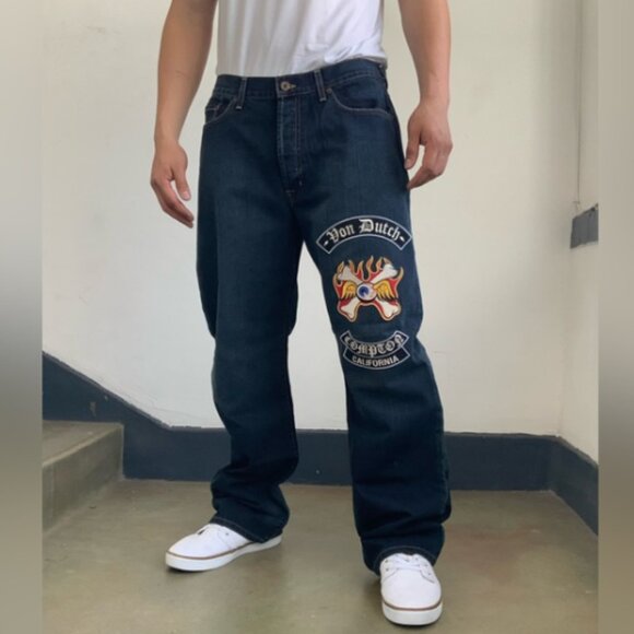 Men's VonDutch Dk Blue Patched Button Fly Jeans